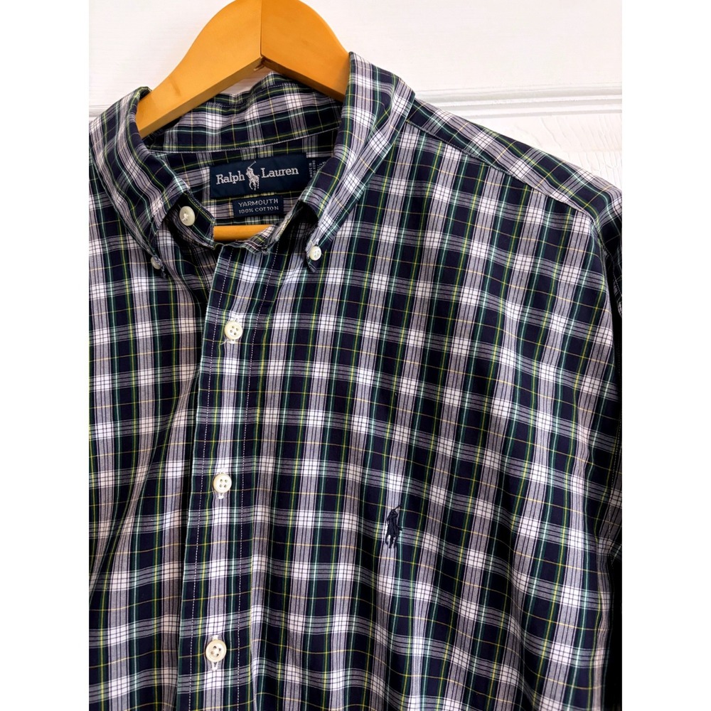 Ralph Lauren Yarmouth Mens 17.5 34/35 Plaid Cotton Button‎ Down Shirt Navy Green